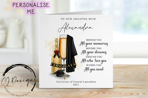 Personalised Mum Graduation Card- with Cap, Gown & Glass- Name and University To My/To Our Amazing Mum