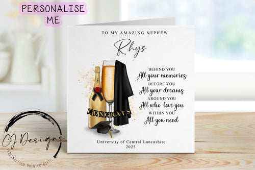 Personalised Nephew Graduation Card- with Cap, Gown & Glass- Name and University To My/To Our Amazing Nephew