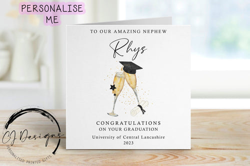 Personalised Nephew Graduation Card- with Cap, Scroll & Champagne Glasses- Name and University Medium or Large card Amazing Nephew