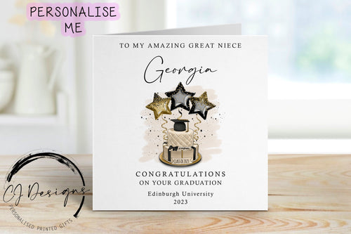 Personalised Great Niece Graduation Card- with Cap & Scroll- Name and University card To My/To Our - Gold Theme Cake/Balloons Amazing