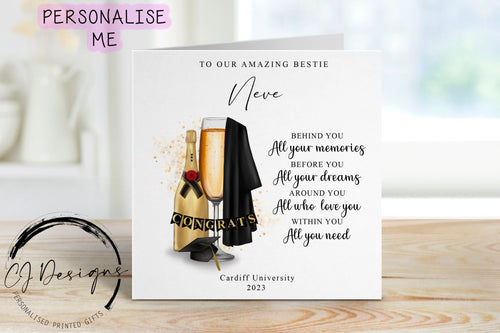 Personalised Bestie Graduation Card- with Cap, Gown & Glass- Name and University To My/To Our Amazing Friend