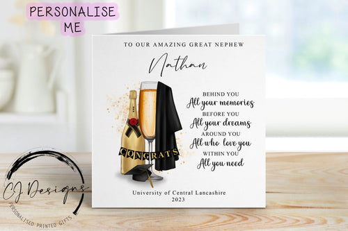 Personalised Great Nephew Graduation Card- with Cap, Gown & Glass- Name and University To My/To Our Amazing Great Nephew