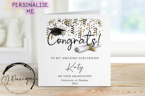 Personalised Girlfriend Graduation Card- with Cap & Scroll- Name and University Medium or Large card Gold Theme Congrats Amazing Partner