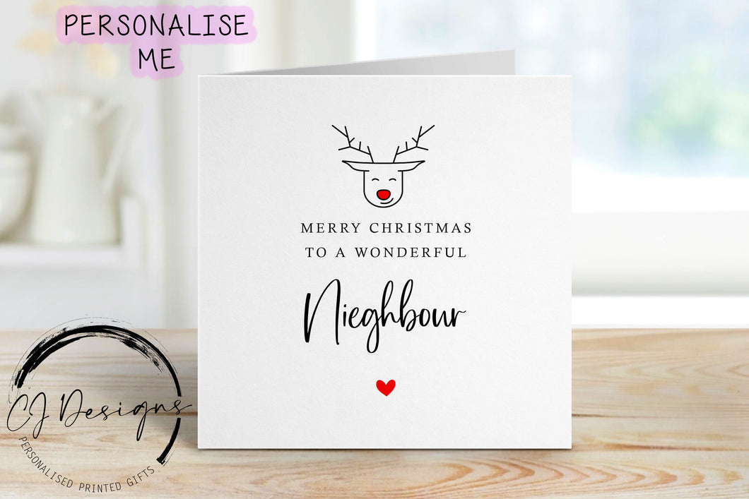 Christmas Card For Nieghbour with Red Nose Reindeer, Merry Christmas Greeting Card Simple Design Christmas Card