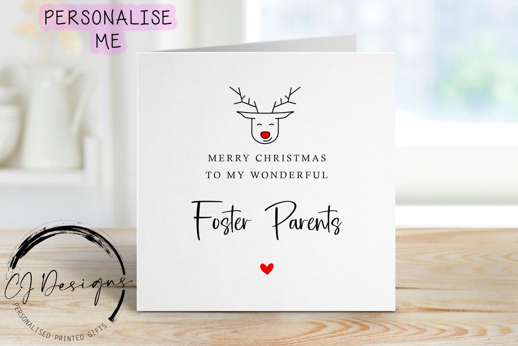 Christmas Card For Foster Parents with Red Nose Reindeer, Merry Christmas Greeting Card Simple Design Christmas Card