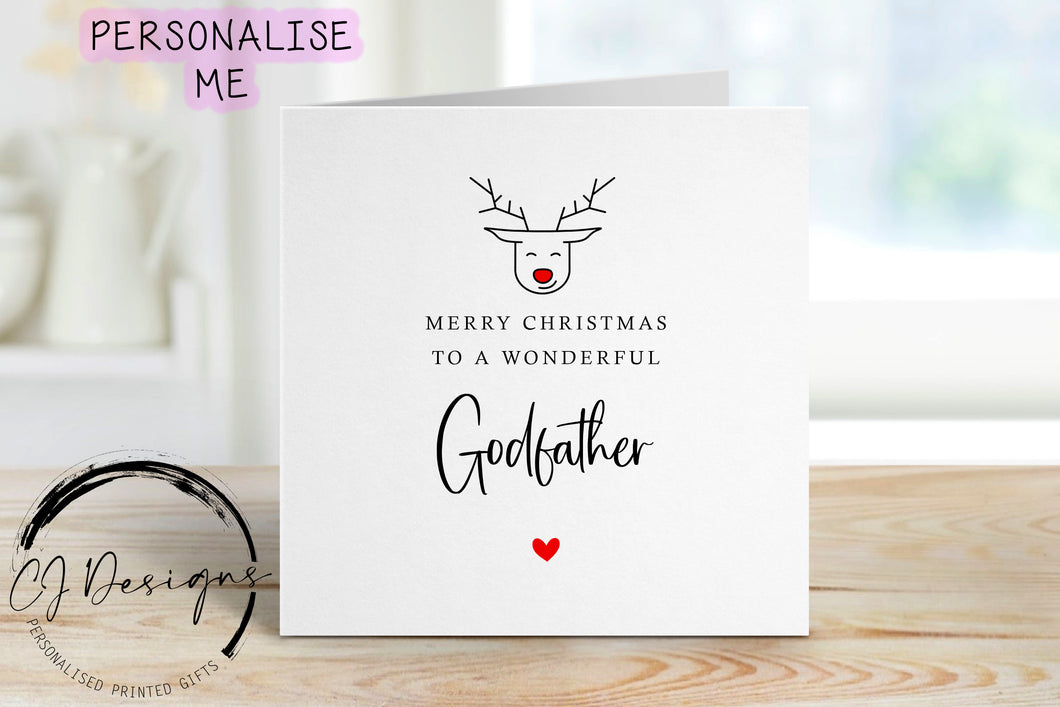 Christmas Card For Godfather with Red Nose Reindeer, Merry Christmas Greeting Card Simple Design Christmas Card