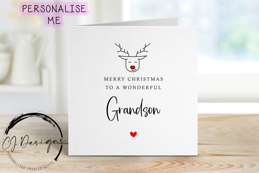 Christmas Card For Grandson with Red Nose Reindeer, Merry Christmas Greeting Card Simple Design Christmas Card