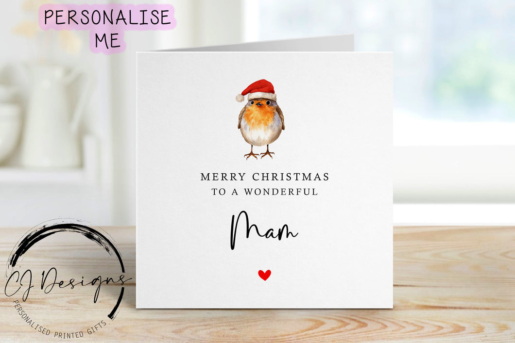 Christmas Card For Mam with Robin wearing a Christmas Hat, Merry Christmas Greeting Card Simple Design Christmas Card For Her