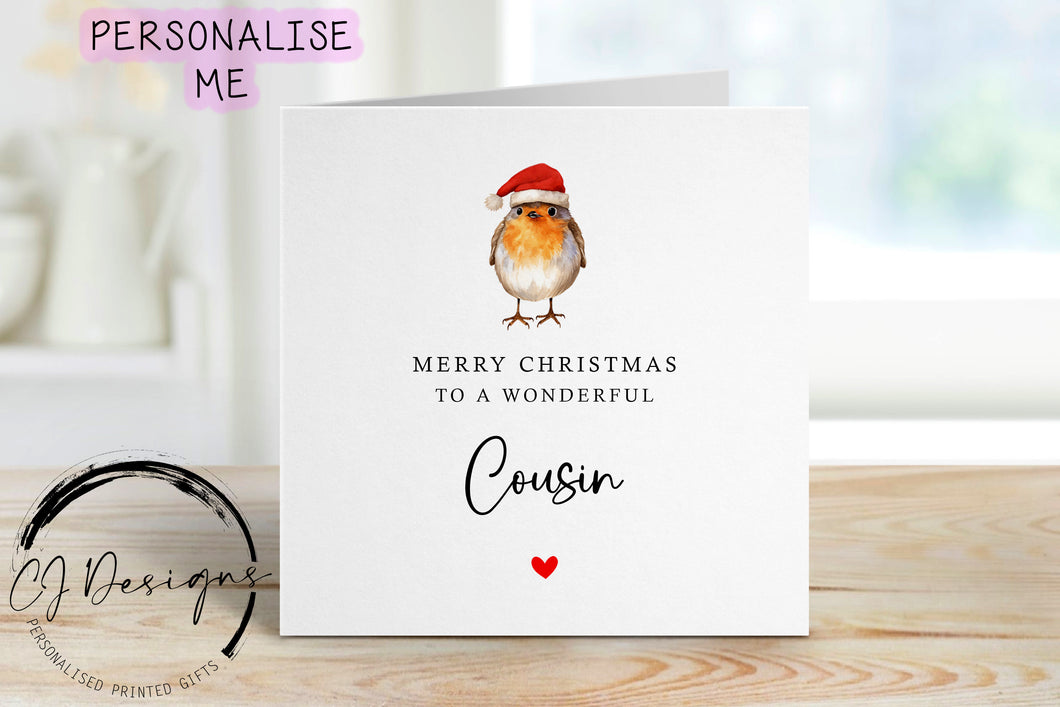 Christmas Card For Cousin with Robin wearing a Christmas Hat, Merry Christmas Greeting Card Simple Design Christmas Card For Him/Her