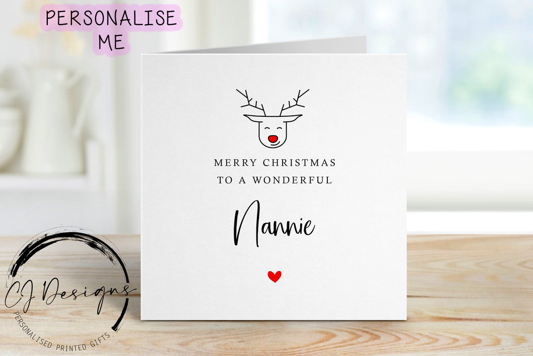 Christmas Card For Nannie with Red Nose Reindeer, Merry Christmas Greeting Card Simple Design Christmas Card