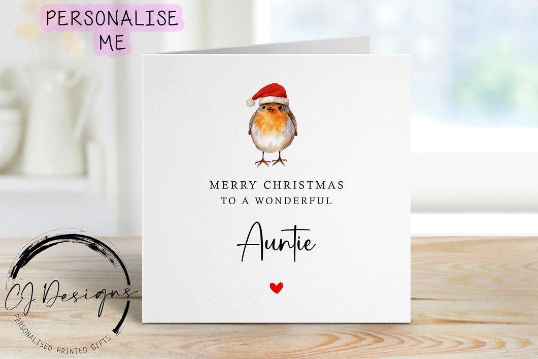 Christmas Card For Auntie with Robin wearing a Christmas Hat, Merry Christmas Greeting Card Simple Design Christmas Card For Her