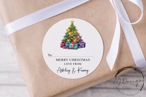 Christmas gift tag sticker with pictureof christmas tree with presents