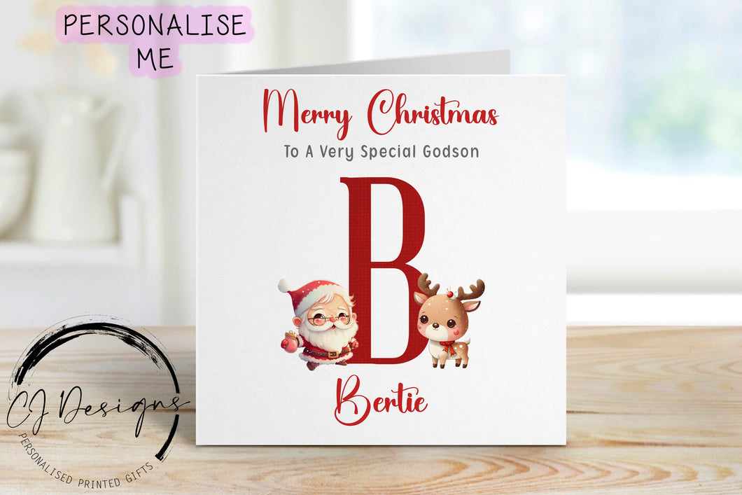 Godson christmas card with a picture of santa with his reindeer and a large single red letter which depicts thefirst letter of the childs name