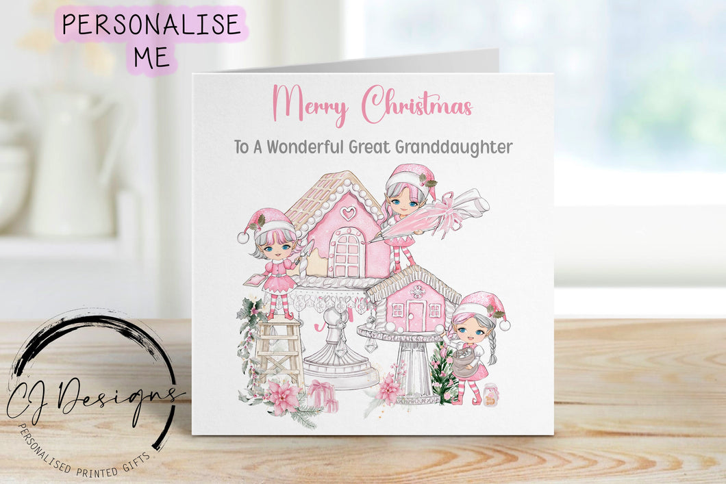 Personalised Great Granddaughter Christmas Card, with a picture of a pink christmas stocking with a ladder at the side and 3 pink elves filling the stocking with gifts