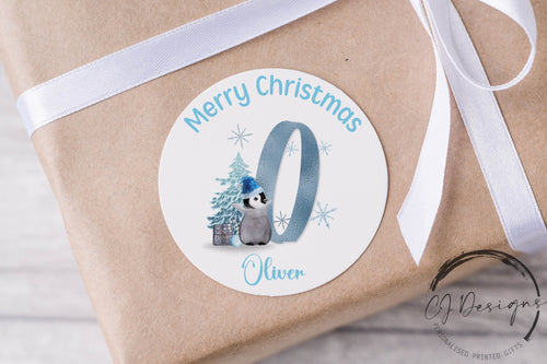 Personalised Christmas Stickers Gift Tags Cute Blue Penguin Initial- Round Name Gift Labels -Festive Christmas Tag -37mm/45mm/51mm/64mm