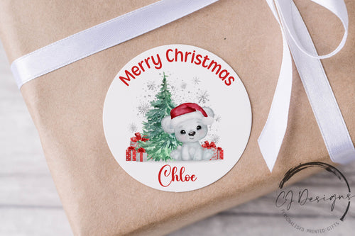 Personalised Christmas Stickers Gift Tags Cute Teddy Bear- Round Name Gift Labels -Festive Christmas Tag -37mm/45mm/51mm/64mm