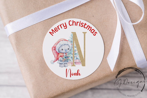 Personalised Christmas Stickers Gift Tags Cute Santa Teddy - Round Name Gift Labels -Festive Christmas Tag -37mm/45mm/51mm/64mm