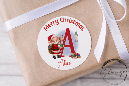 Personalised Christmas Stickers Gift Tags Santa Initial- Round Name Gift Labels -Festive Christmas Tag -37mm/45mm/51mm/64mm