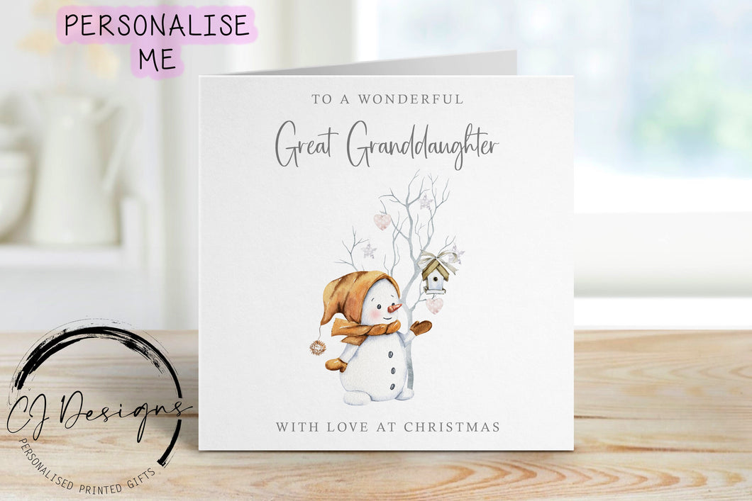 Wonderful Great Granddaughter Christmas Card with picture of a snowman next to a stick tree with stars and hearts