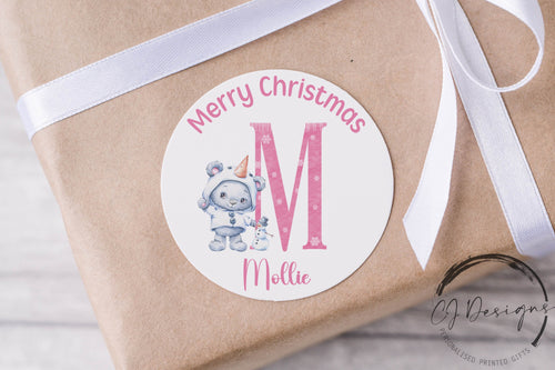 Personalised Christmas Stickers Gift Tags Cute Pink Teddy Initial- Round Name Gift Labels -Festive Christmas Tag -37mm/45mm/51mm/64mm