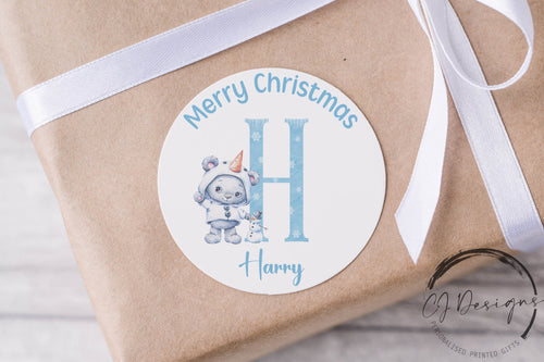Personalised Christmas Stickers Gift Tags Cute Blue Teddy Initial- Round Name Gift Labels -Festive Christmas Tag -37mm/45mm/51mm/64mm