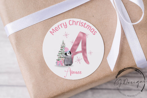 Personalised Christmas Stickers Gift Tags Cute Pink Penguin Initial- Round Name Gift Labels -Festive Christmas Tag -37mm/45mm/51mm/64mm