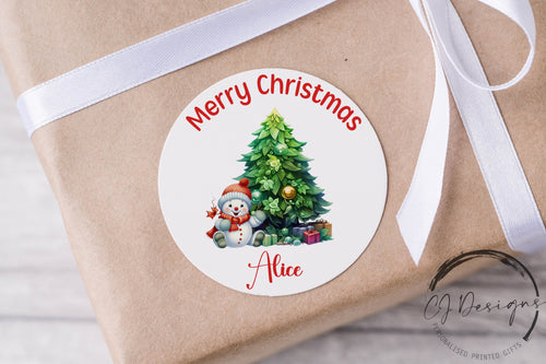 Personalised Christmas Stickers Gift Tags Tree and Snowman- Round Name Gift Labels -Festive Christmas Tag -37mm/45mm/51mm/64mm