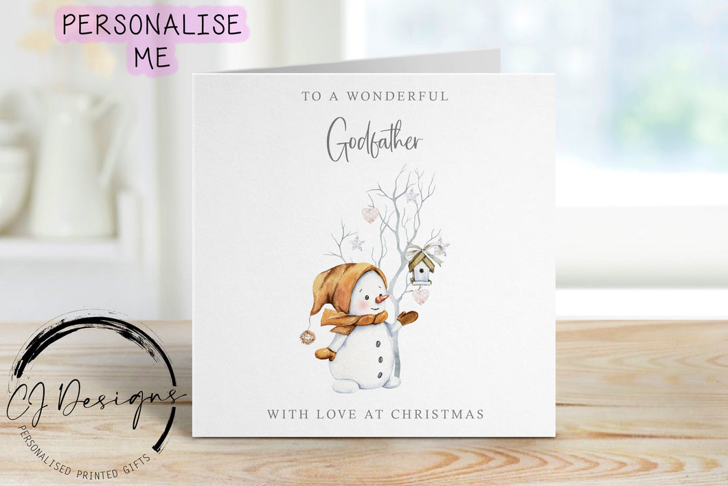 Wonderful Godfather Christmas Card with picture of a snowman next to a stick tree with stars and hearts
