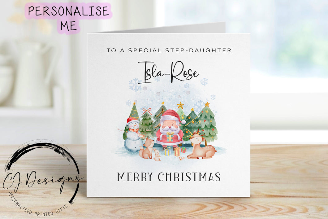 Personalised Step-Daughter Christmas card with christmas trees, santa, a snowman and woodland animals