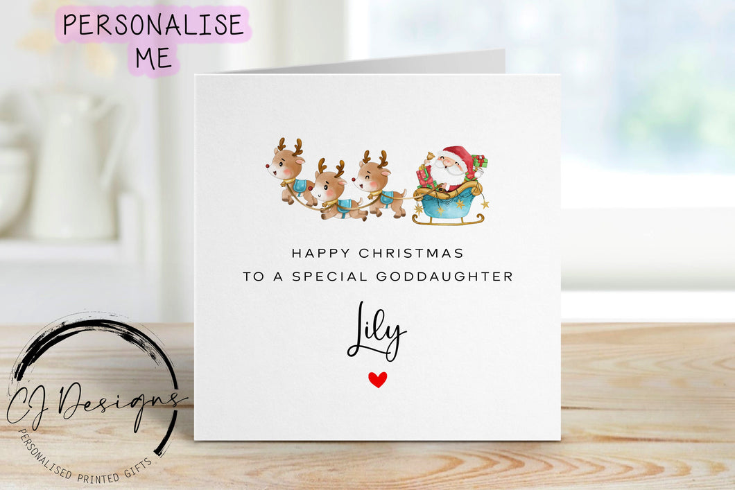Personalised Special Goddaughter Christmas card with a picture of santa in his sleigh and reindeer