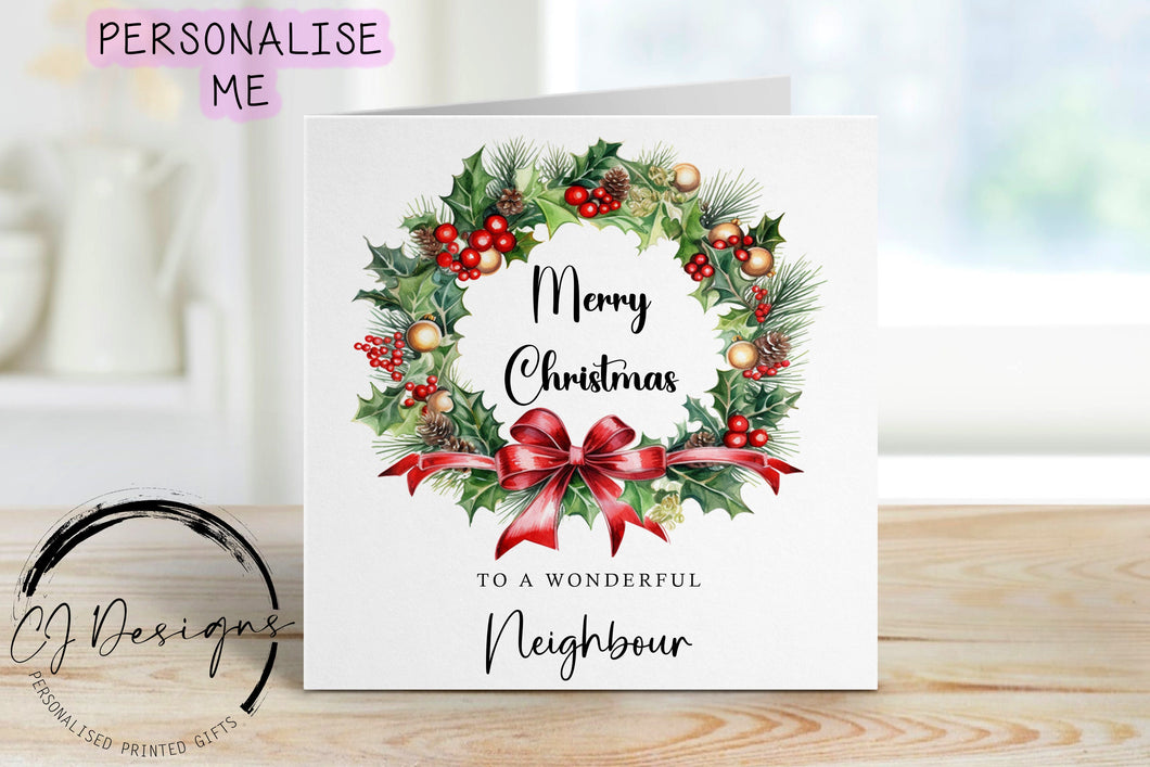 Neighbour Christmas Card with a picture of a christmas wreath with merry Christmas written in the center