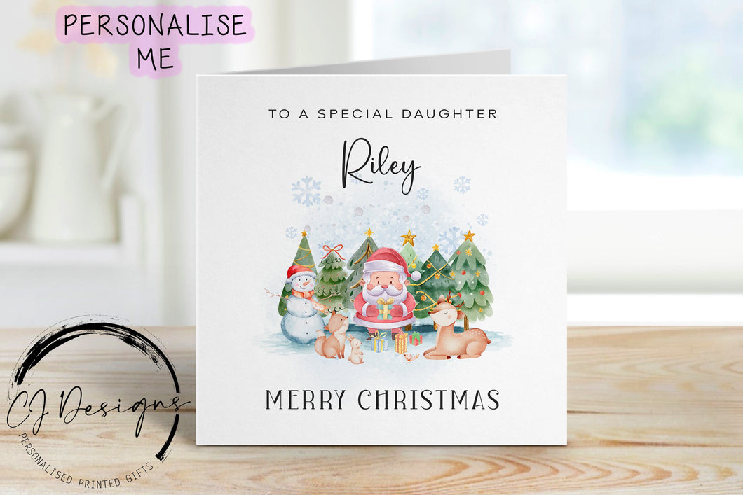 Personalised Daughter Christmas card with christmas trees, santa, a snowman and woodland animals