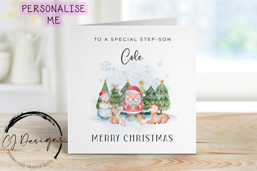 Personalised Step-Son Christmas card with christmas trees, santa, a snowman and woodland animals