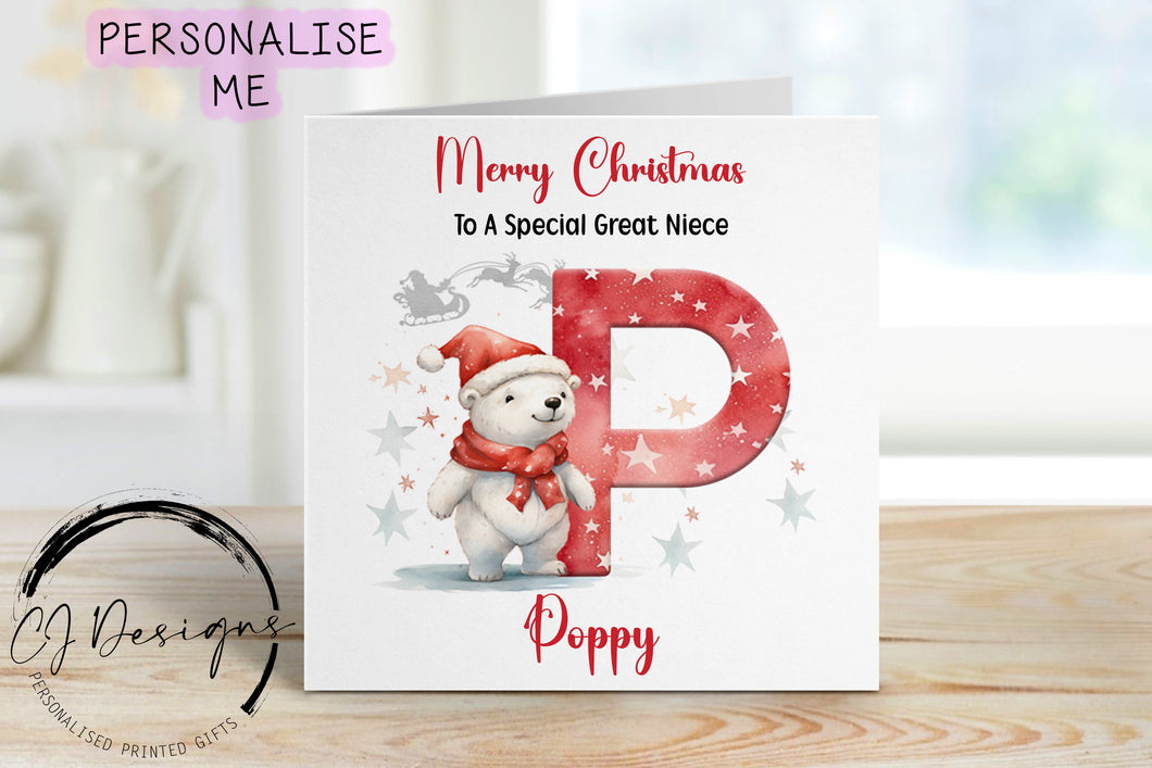 Great Niece personalised Christmas card with a polarbear wearing a christmas hat stood next to a large red letter which depicts the first letter of your little