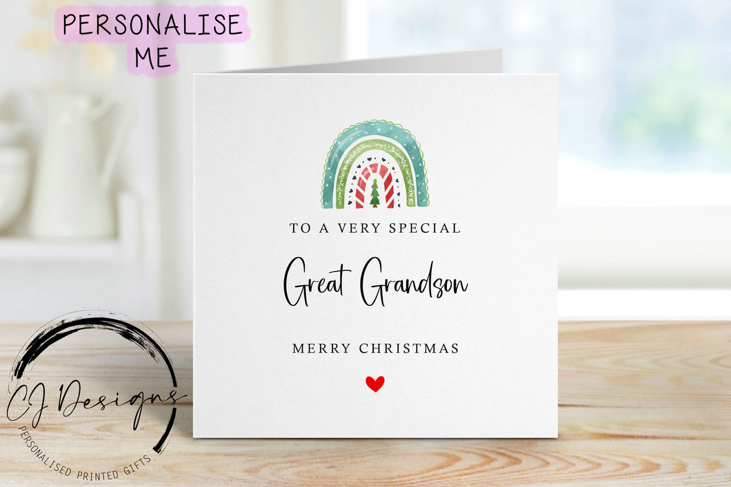 Great Grandson Christmas card with a green christmas themed rainbow with a christmas tree in the center