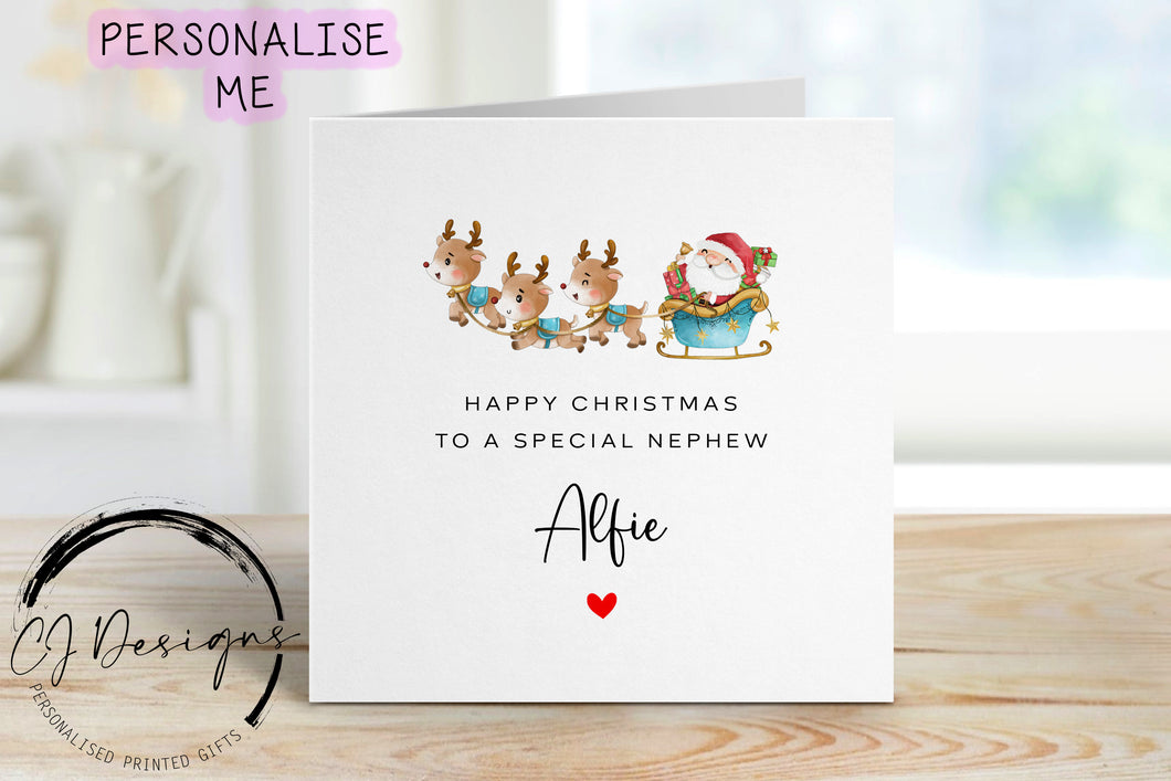 Personalised Nephew Christmas card with a picture of santa in his sleigh and reindeer