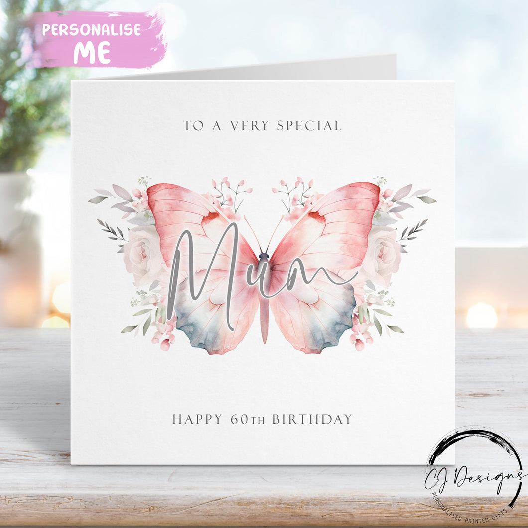 Mum pink and grey butterfly birthday card