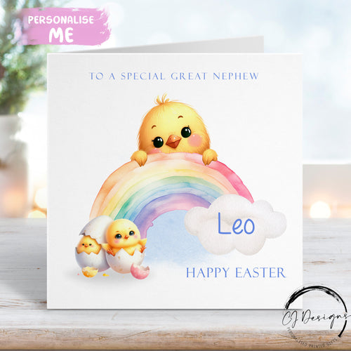 Personalised Great Nephew rainbow chick Easter card