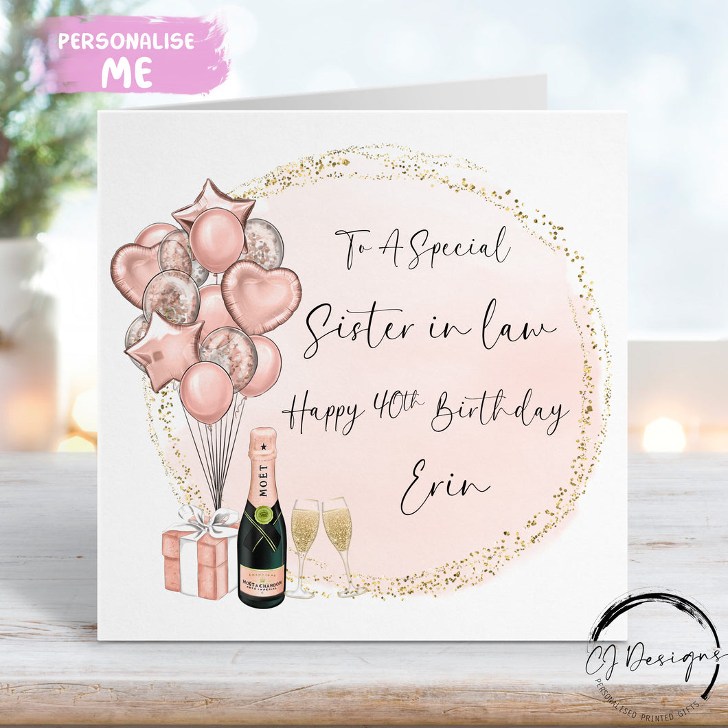 Personalised Sister in law birthday card in rose gold and gold theme