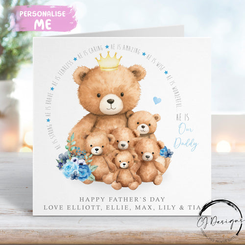 Personalised Daddy Teddy Bear Fathers Day Card from upto 5 Children Daddy and Baby Bear - Any Wording