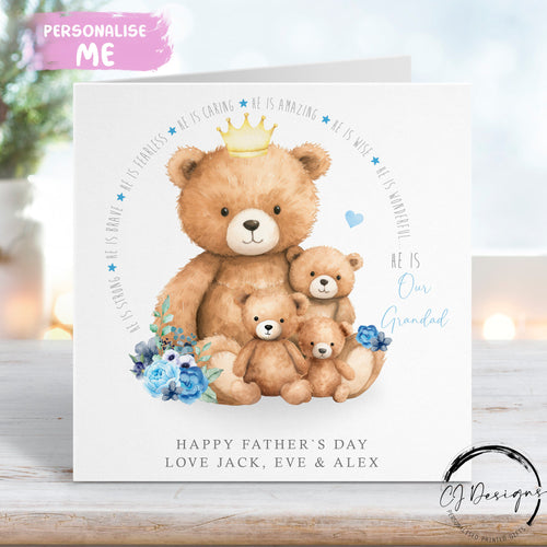 Personalised Grandad Teddy Bear Fathers Day Card from upto 5 Children Grandad and Baby Bear - Any Wording
